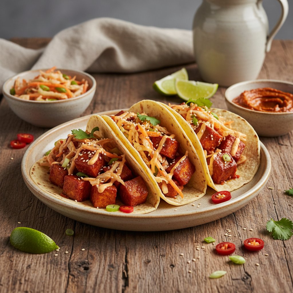 Spicy Korean Gochujang Tofu Tacos with Kimchi Slaw
