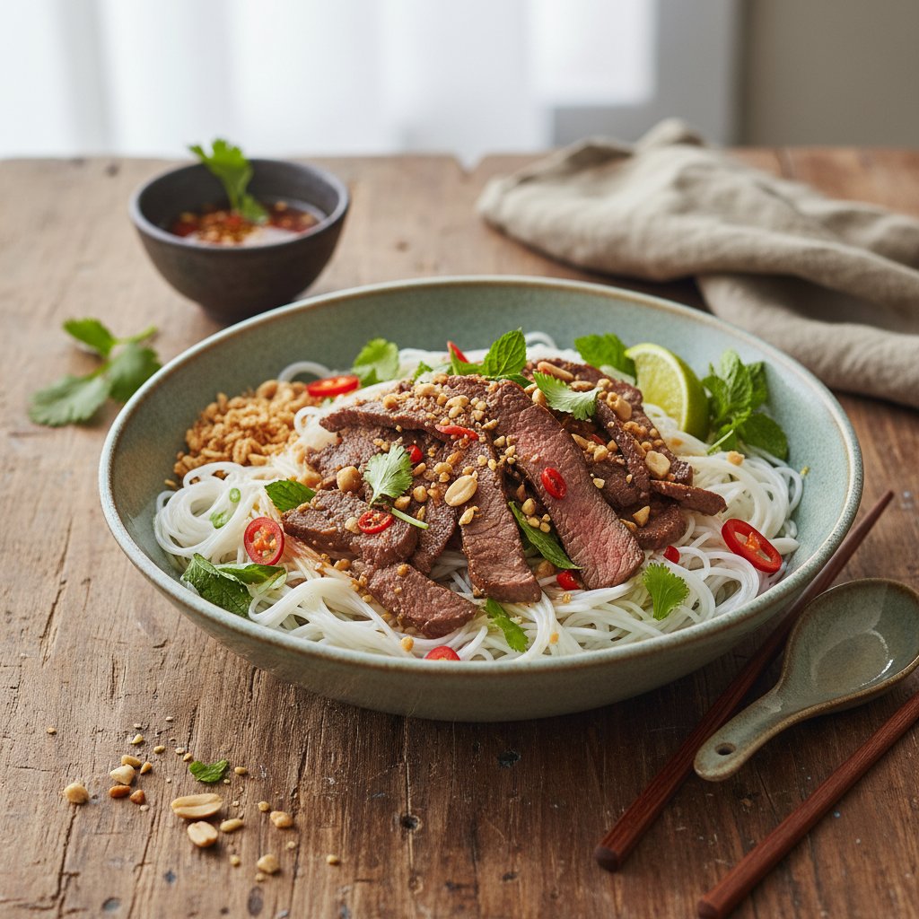 Spicy Lemongrass Beef and Rice Noodle Bowl