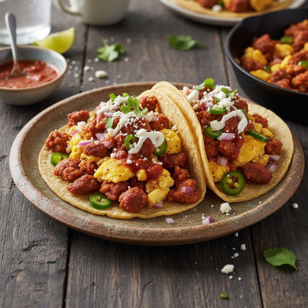 Spicy Mexican Chorizo and Egg Breakfast Tacos