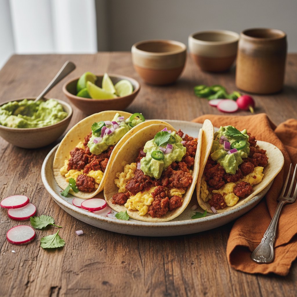 Spicy Mexican Chorizo Breakfast Tacos with Avocado Salsa