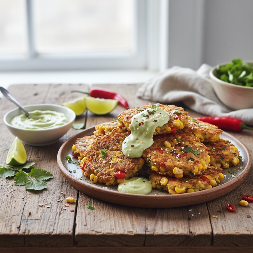 Spicy Mexican Street Corn Fritters with Avocado Crema