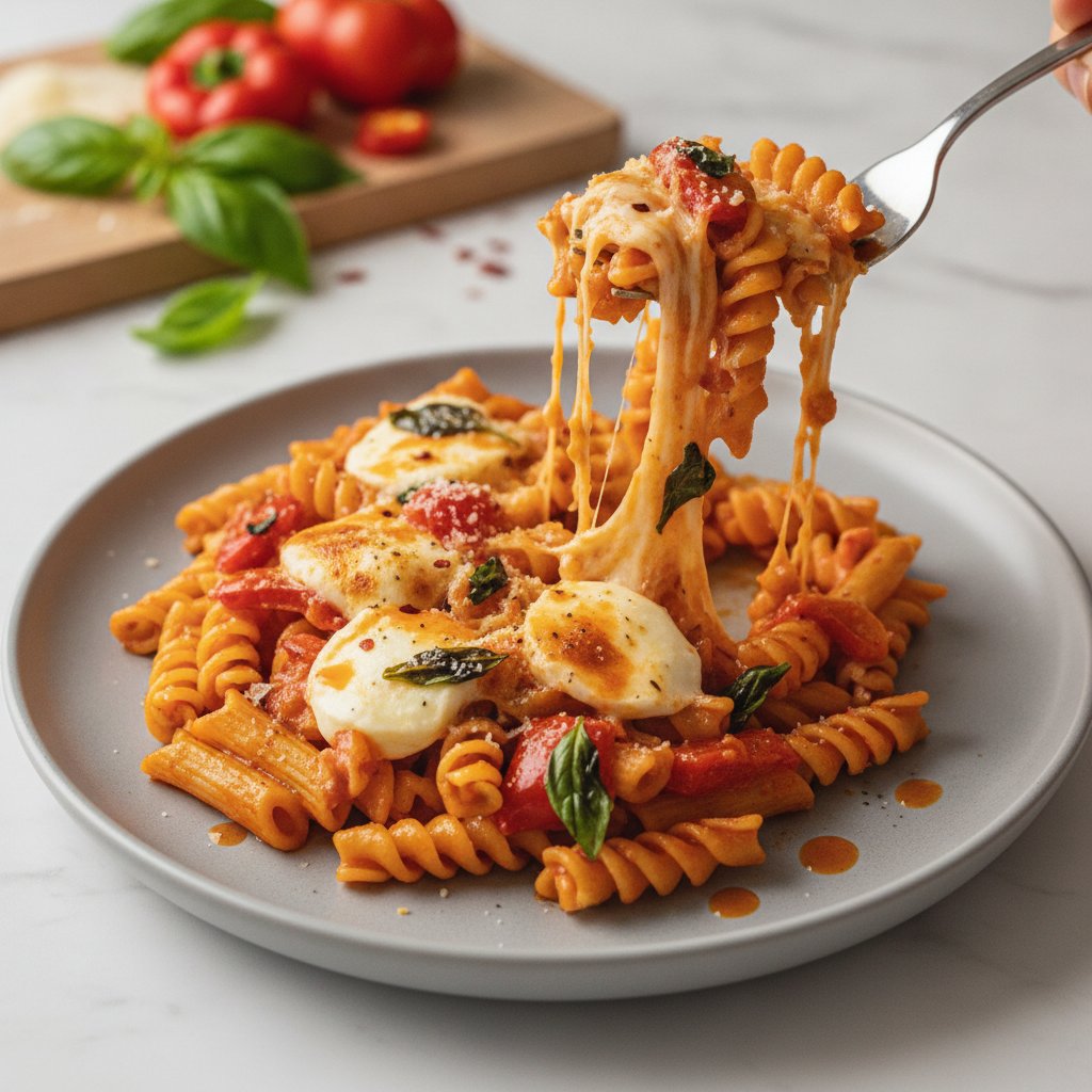 Spicy Roasted Red Pepper and Basil One-Pot Pasta Fiesta