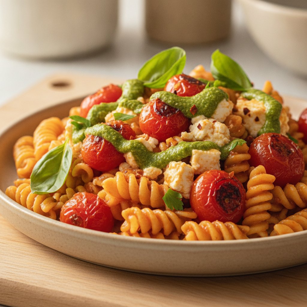 Spicy Roasted Tomato and Feta Pasta with Chickpea Rotini and Basil-Herb Pesto