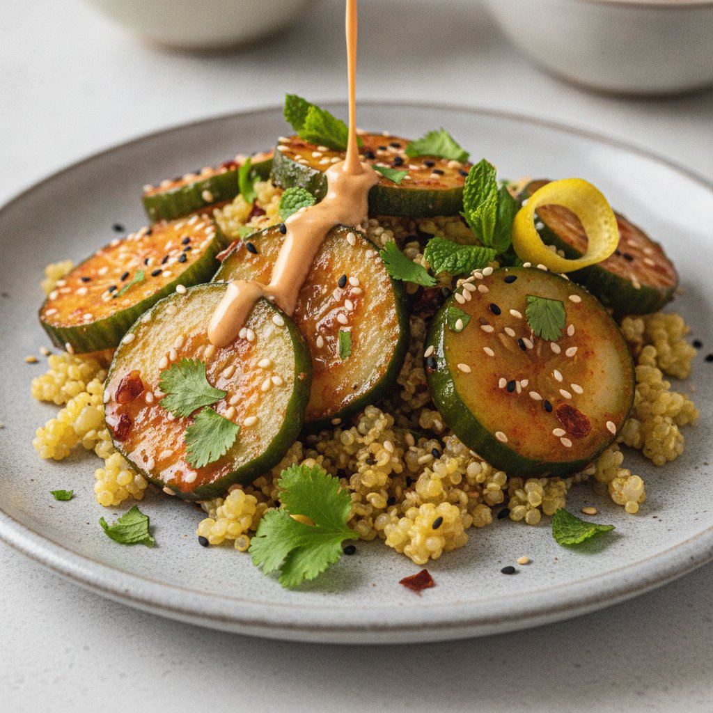 Spicy Sesame Smashed Cucumber Salad with Citrus-Soy Quinoa