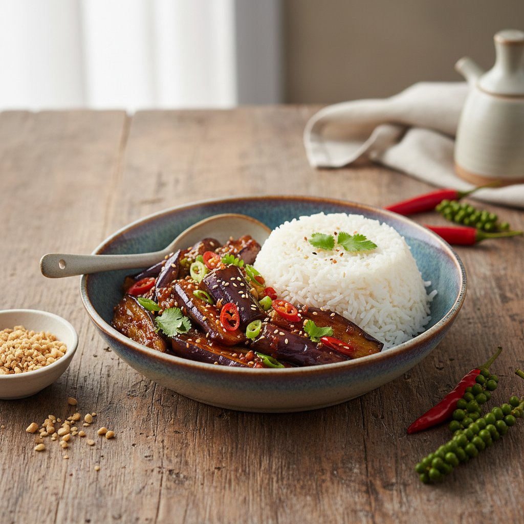 Spicy Szechuan Eggplant Stir-Fry with Jasmine Rice
