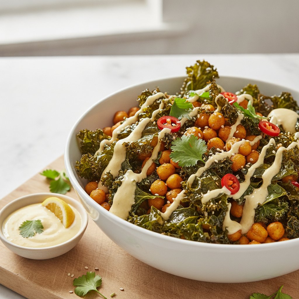 Spicy Turmeric Chickpeas & Kale Crunch with Lemon-Tahini Dip