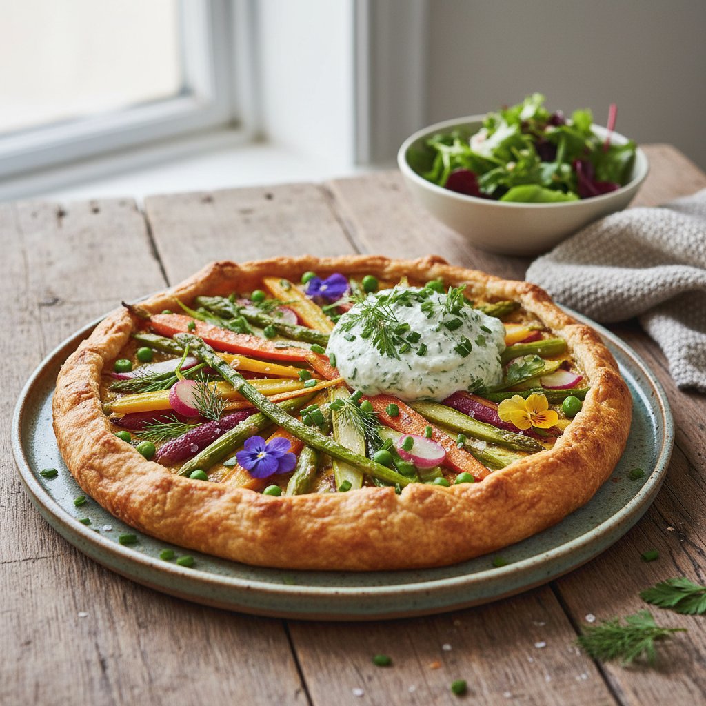Spring Harvest Vegetable Tart with Fresh Herb Cream