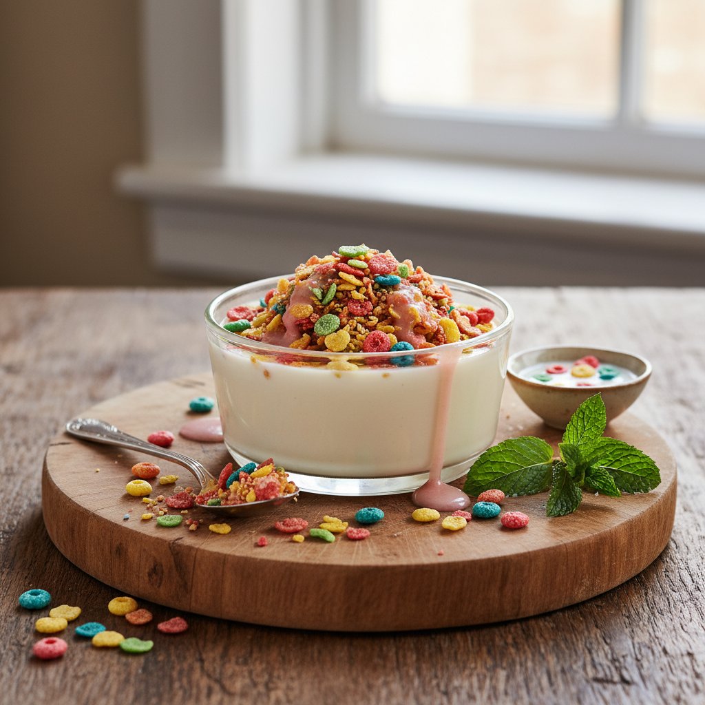Sugary Cereal Milk Panna Cotta with Fruity Pebble Crumble