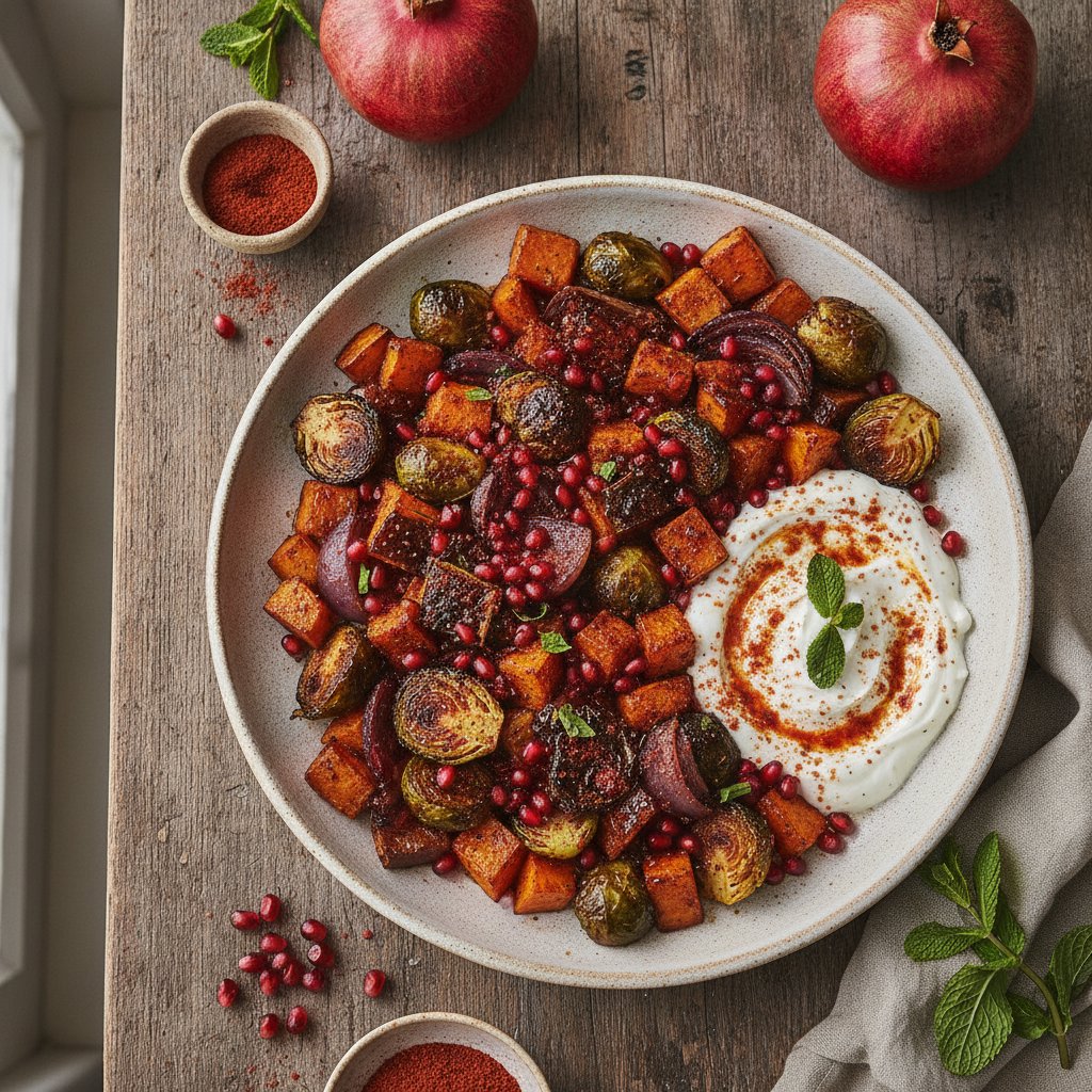 Sumac and Pomegranate Glazed Roasted Vegetables with Spiced Yogurt Sauce