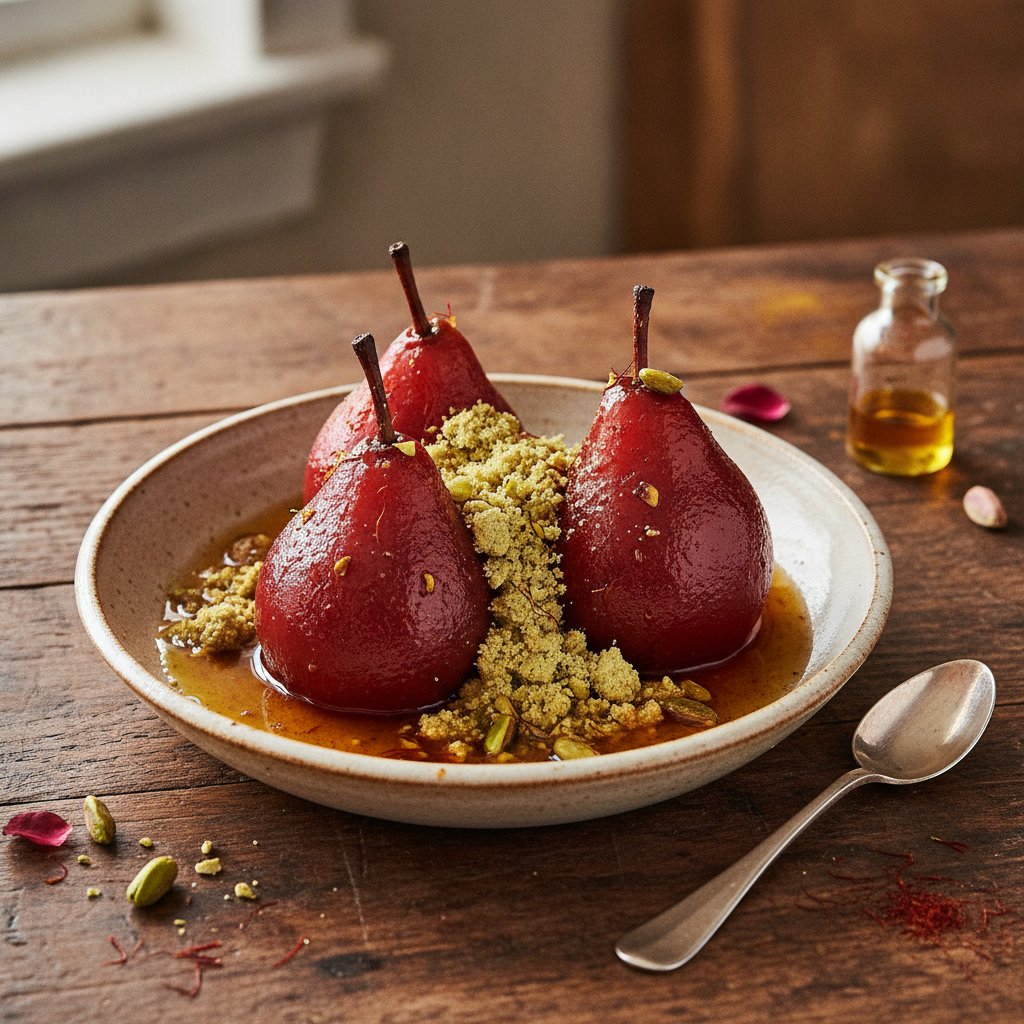 Sumac and Saffron Poached Pears with Pistachio Halva Crumble
