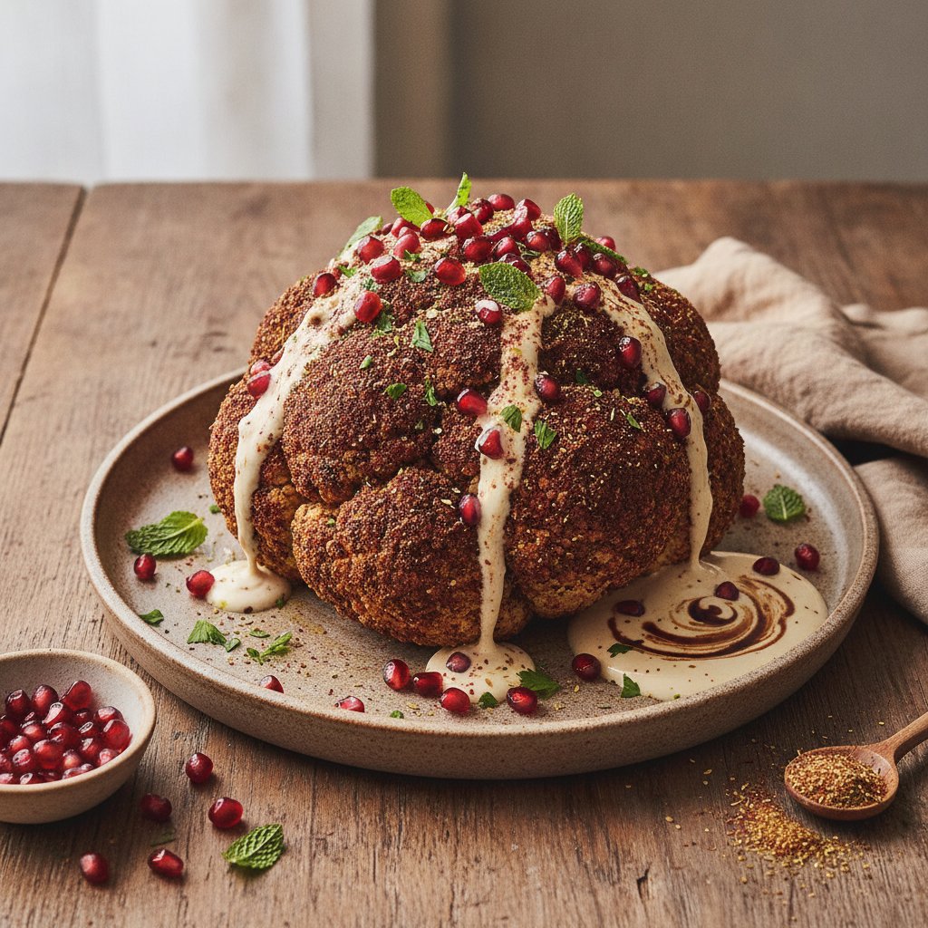Sumac and Za'atar Roasted Cauliflower with Pomegranate and Tahini Drizzle