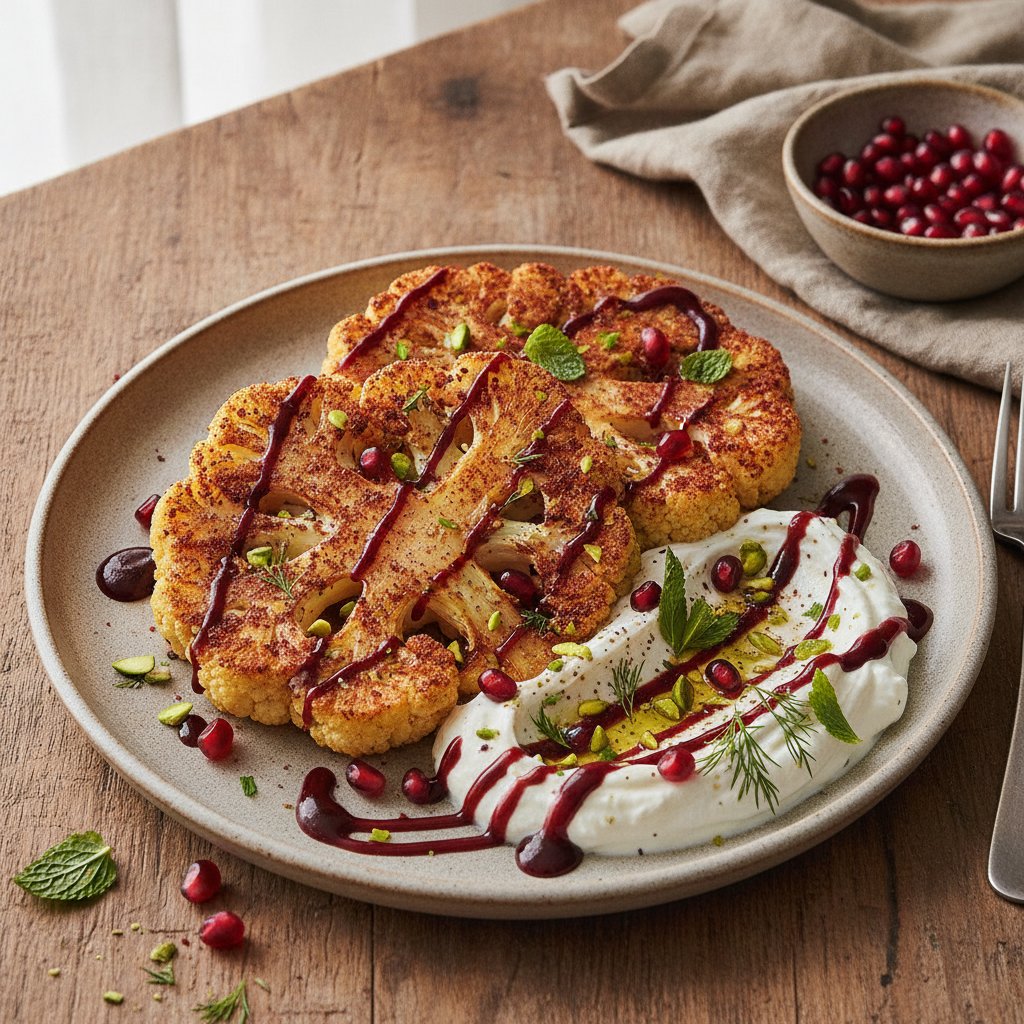 Sumac-Roasted Cauliflower Steaks with Herbed Labneh and Pomegranate Molasses Drizzle