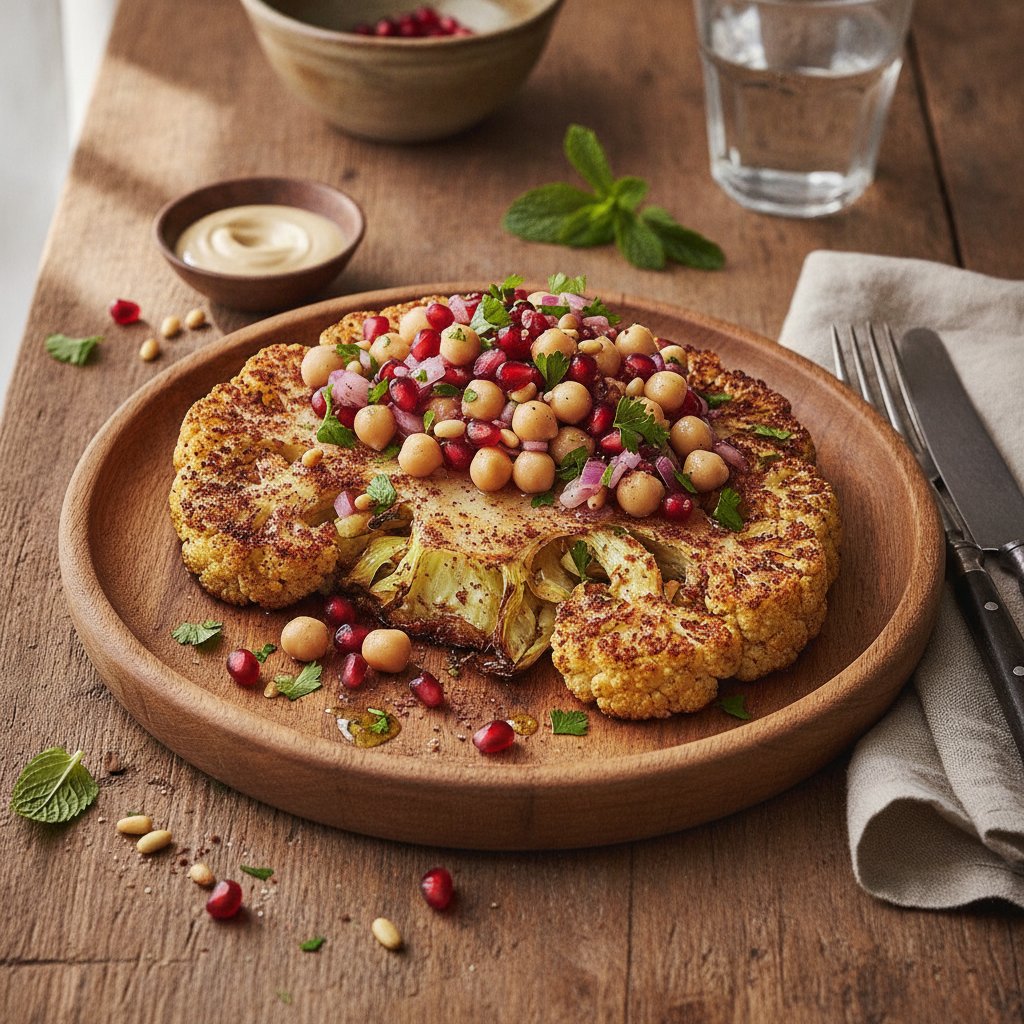 Sumac-Spiced Cauliflower Steak with Chickpea and Pomegranate Salsa