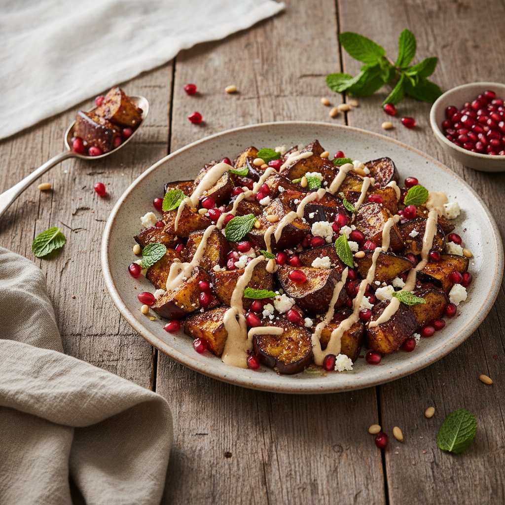Sumac-Spiced Eggplant and Pomegranate Salad with Tahini Drizzle