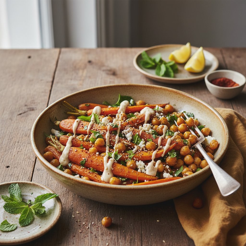 Sumac-Spiced Roasted Carrot and Chickpea Bowl with Tahini Drizzle