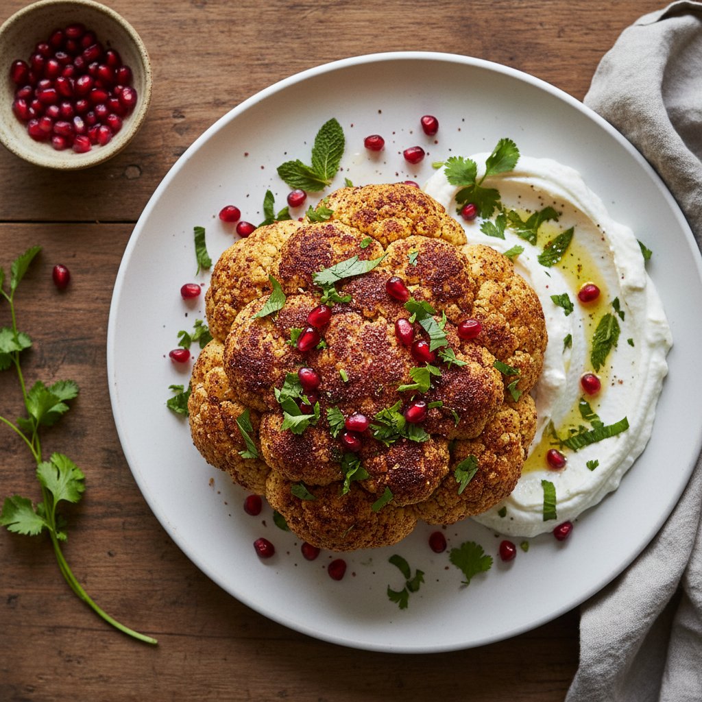Sumac-Spiced Roasted Cauliflower with Pomegranate and Herbed Labneh
