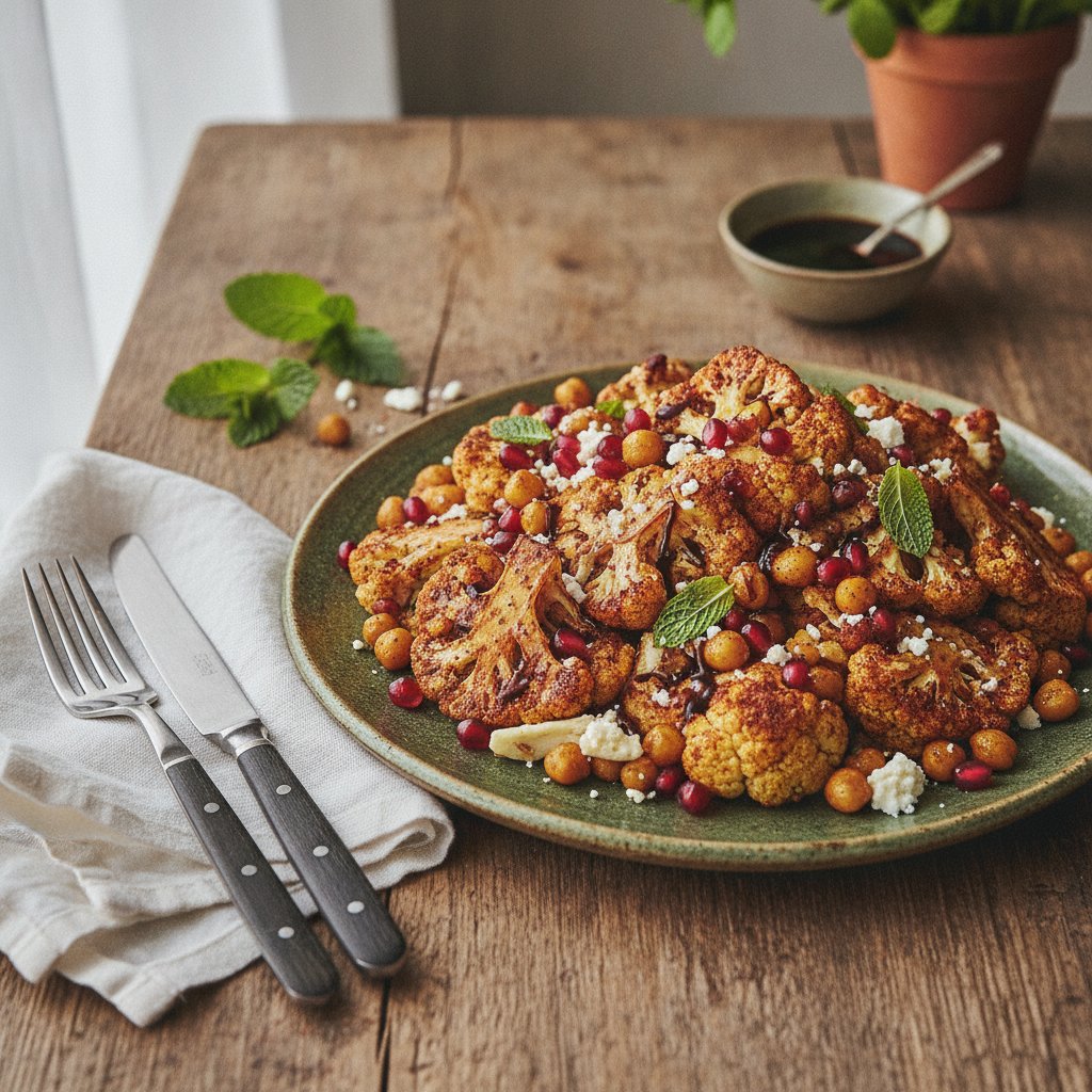 Sumac-Spiced Roasted Cauliflower with Pomegranate Molasses and Chickpeas