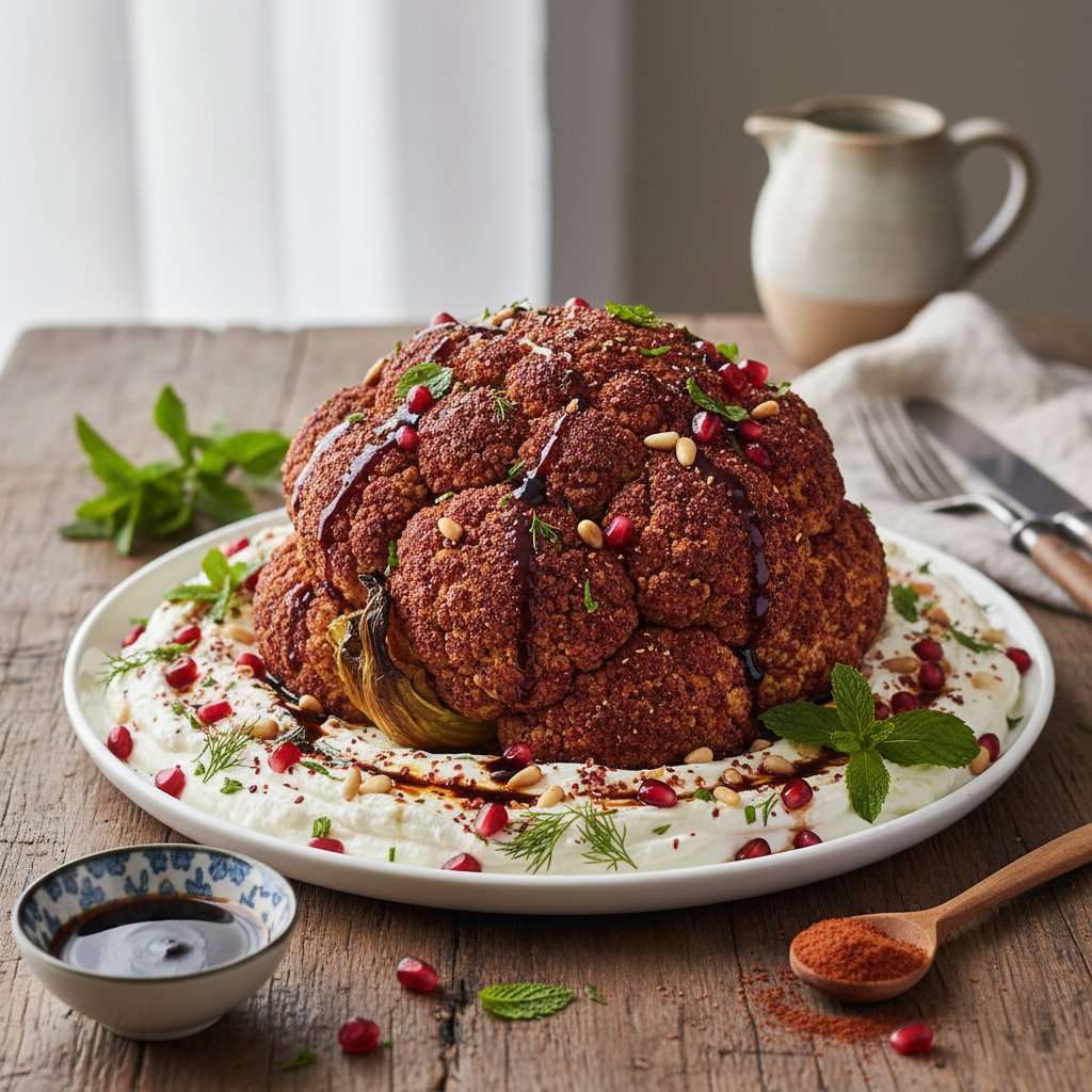Sumac-Spiced Roasted Cauliflower with Pomegranate Molasses and Herbed Labneh