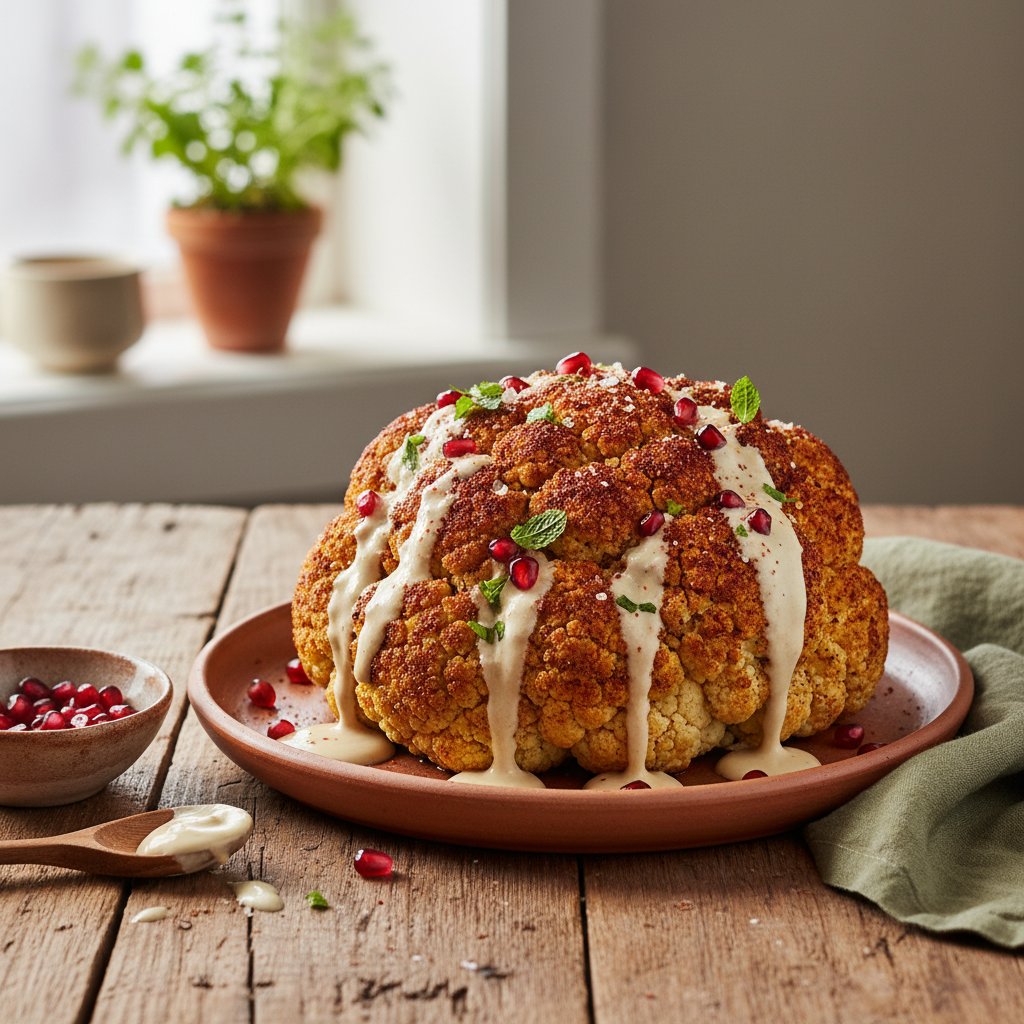 Sumac-Spiced Roasted Cauliflower with Tahini Drizzle and Pomegranate Seeds