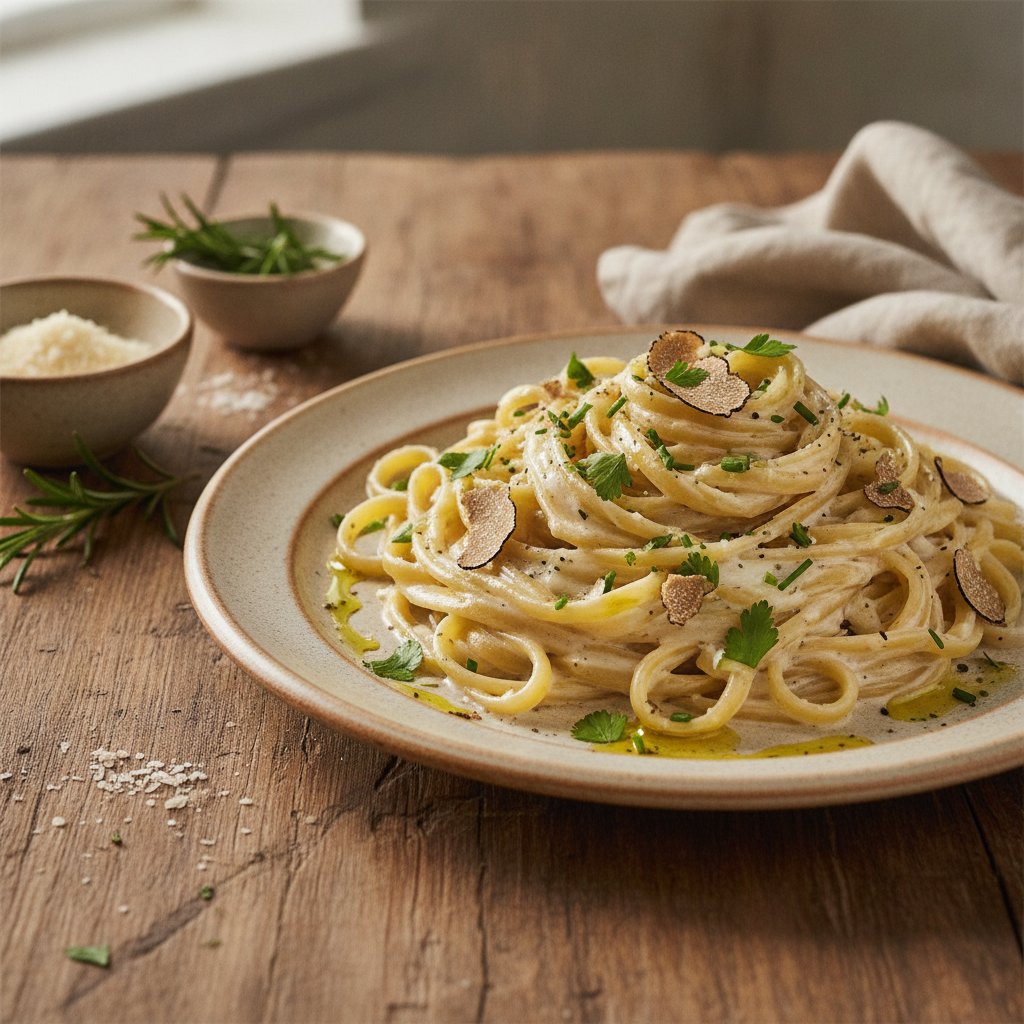 Sumptuous Italian Fettuccine Alfredo with Truffle Oil and Fresh Herbs