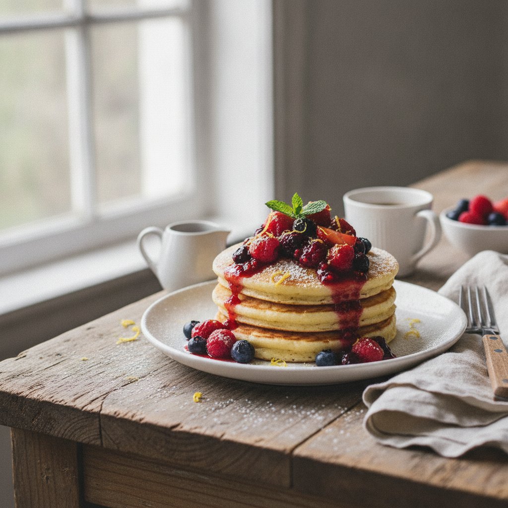 Sumptuous Lemon Ricotta Pancakes with Honeyed Berry Compote