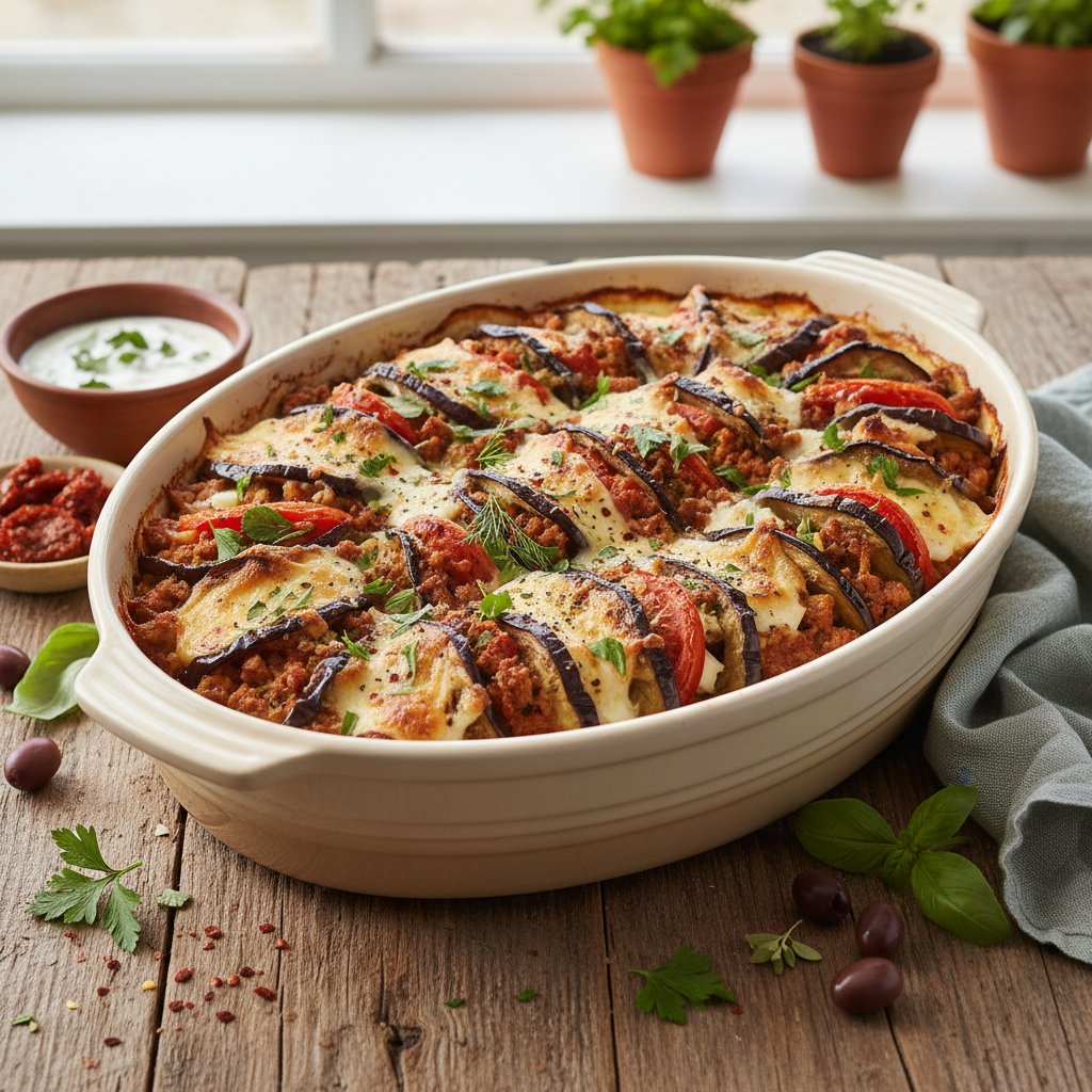 Sumptuous Mediterranean Eggplant and Lamb Bake with Heavenly Herbs