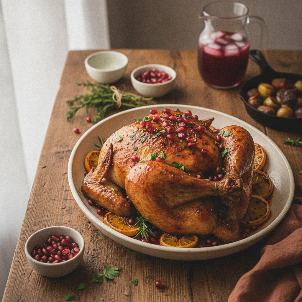 Sun-Drenched Citrus Herb Roast Chicken with Pomegranate Glaze