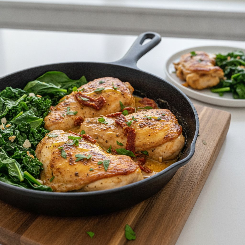 Sun-Dried Tomato & Herb Greek Yogurt Chicken Skillet with Garlicky Wilted Greens