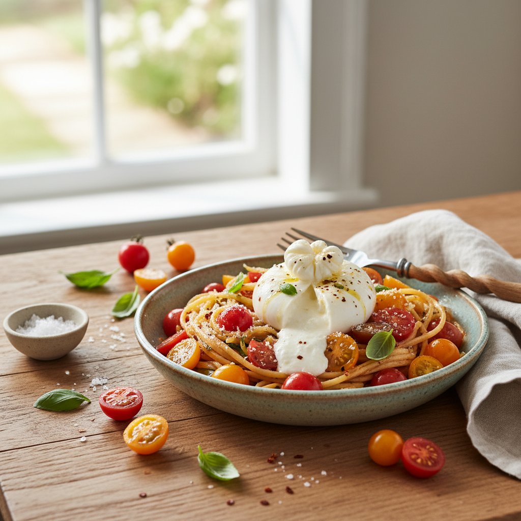 Sun-Kissed Heirloom Tomato and Basil Pasta with Burrata