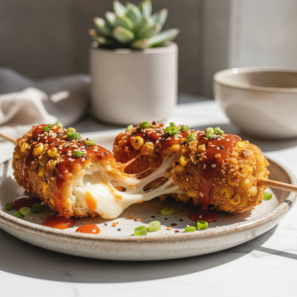 Sweet and Spicy Mochi Corn Dogs with Sesame Sriracha Drizzle