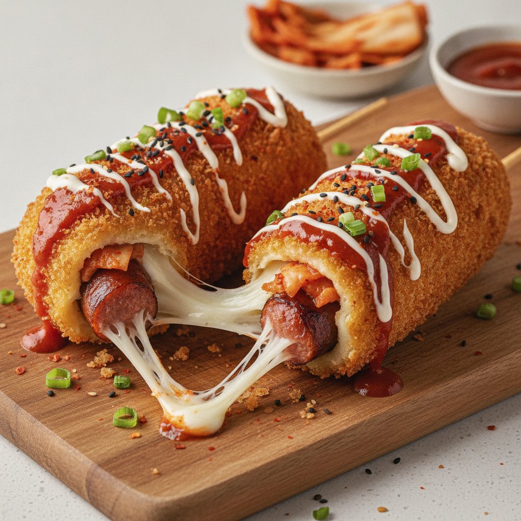 Sweet & Spicy Kimchi Cheese Corn Dogs