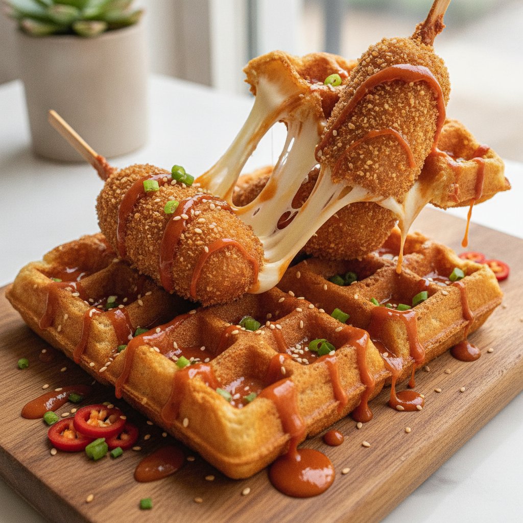 Sweet & Spicy Korean Corn Dog Waffles with Honey Gochujang Drizzle