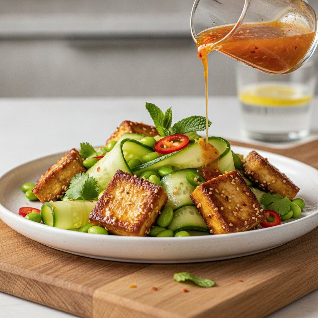 Tangy Sesame-Tofu Cucumber Ribbon Salad with Edamame and Chili Citrus Drizzle
