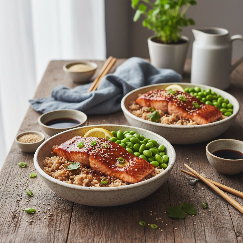 Tangy Teriyaki Salmon Bowls with Brown Rice and Edamame