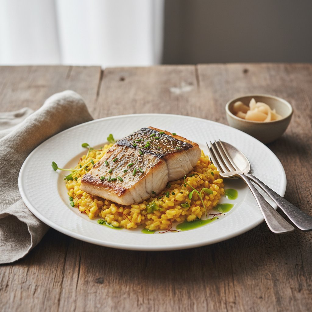 Tender Miso-Glazed Sea Bass on Saffron Risotto