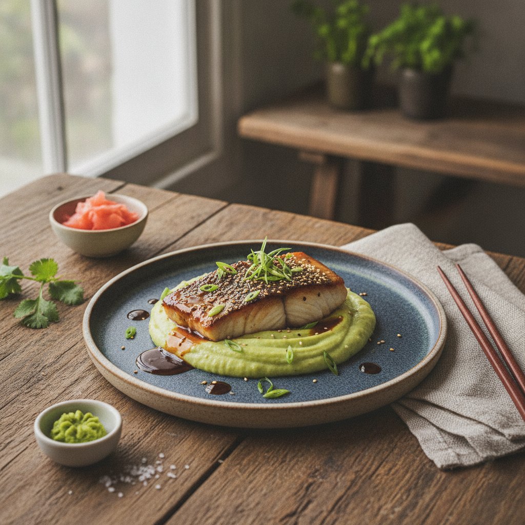 Teriyaki Glazed Sea Bass with Wasabi Potato Puree