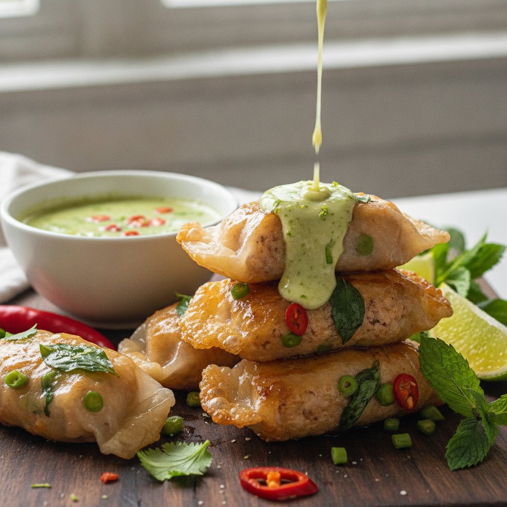 Thai Basil Chicken Rice Paper Dumplings with Zesty Lime Dipping Sauce