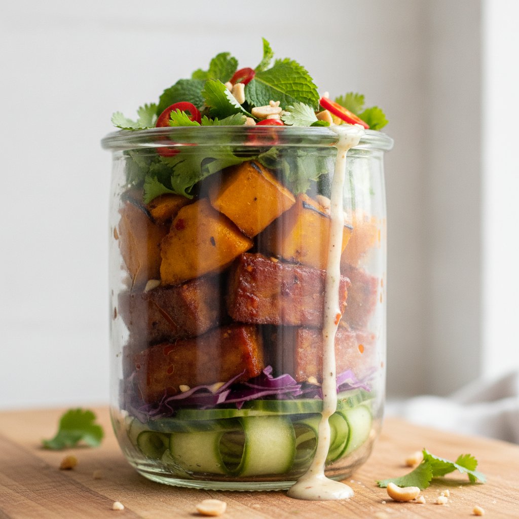 Ensalada en frasco de calabaza y tempeh al estilo tailandés