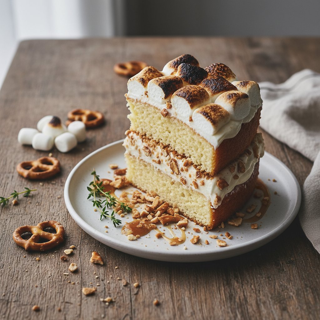 Toasted Marshmallow and Pretzel Milk Cake