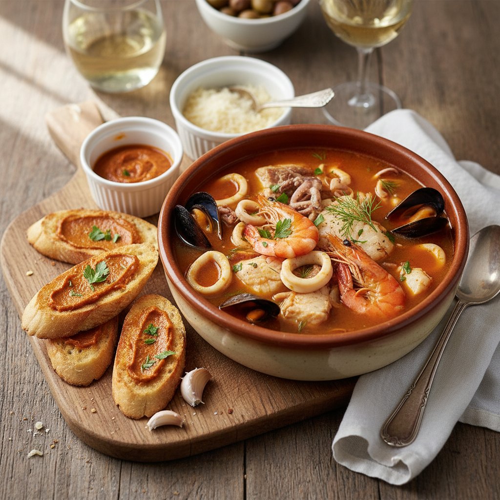 Traditional French Bouillabaisse with Toasted Baguette