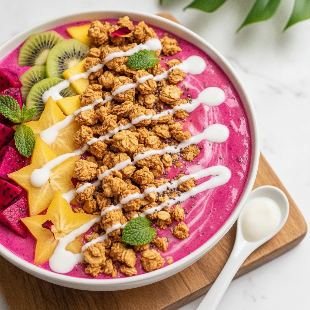 Tropical Dragon Fruit Smoothie Bowl with Coconut Chia Crunch
