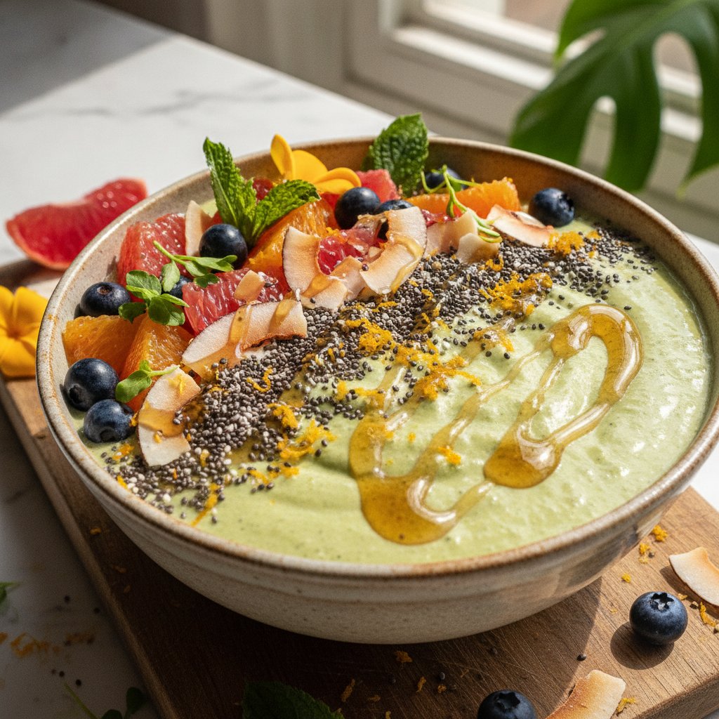 Tropical Kale-Coconut Smoothie Bowl with Chia Citrus Burst