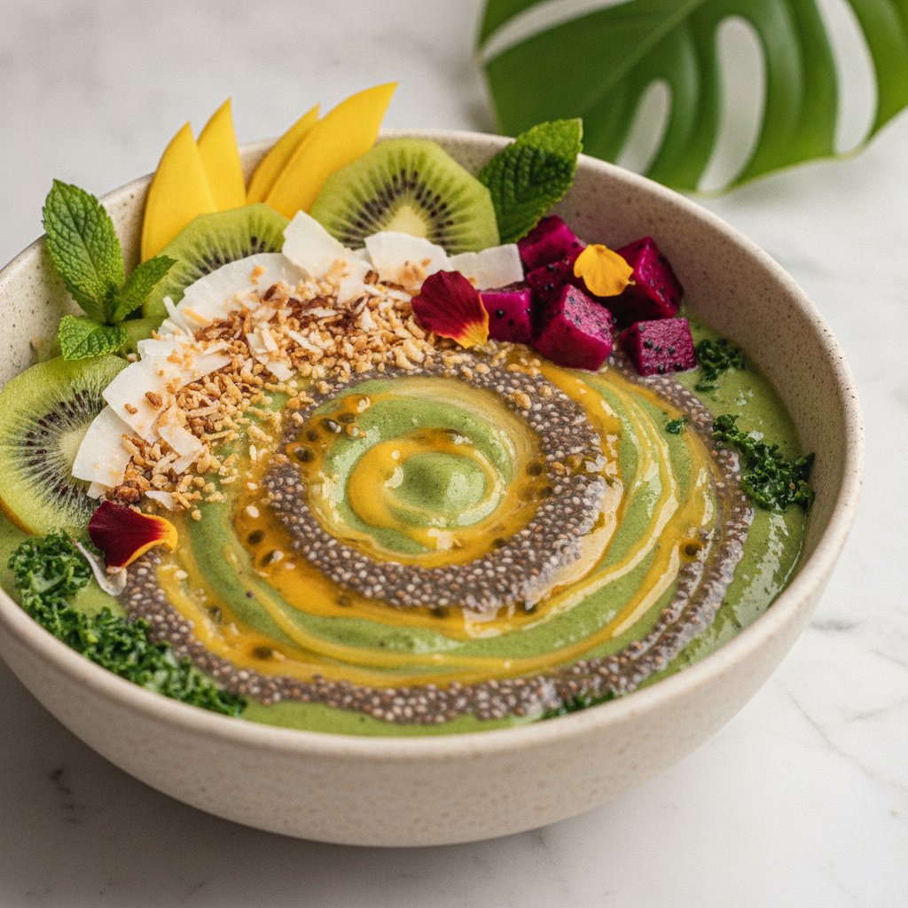 Tropical Kale Smoothie Bowl with Chia-Pineapple Swirl