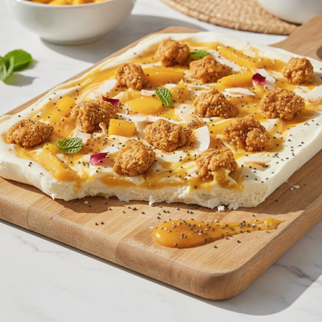 Tropical Mango-Coconut Greek Yogurt Bark with Crunchy Chia Clusters