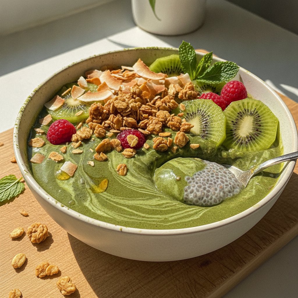 Tropical Matcha Smoothie Bowl with Kiwi Chia Swirl and Coconut Crunch
