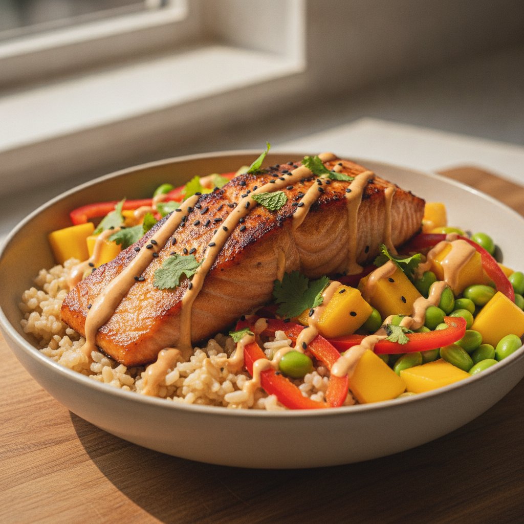 Tropical Salmon & Brown Rice Bowl with Mango-Sriracha Yogurt Sauce