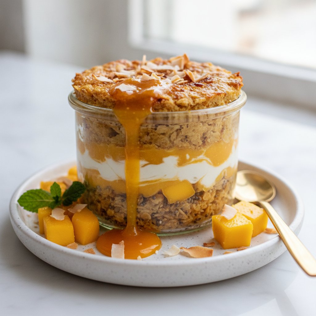Tropical Sunrise Baked Oat Parfait with Mango and Coconut