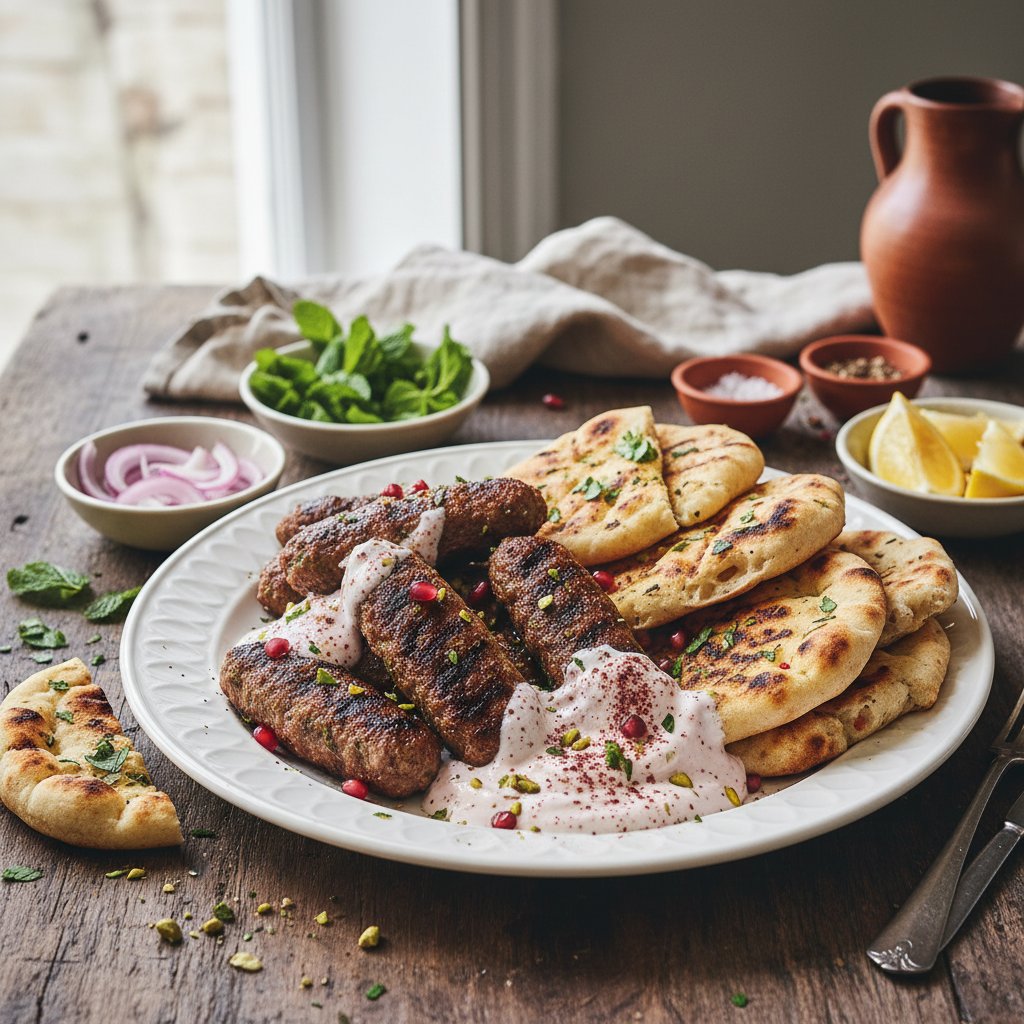 Turkish-Inspired Lamb Koftas with Spicy Sumac Yogurt and Charred Flatbread