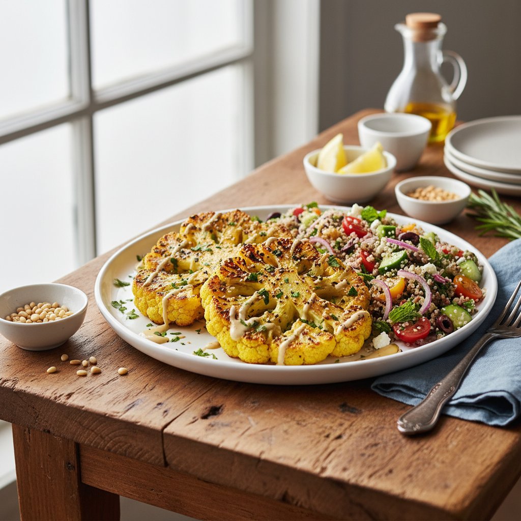 Turmeric-Infused Cauliflower Steaks with Mediterranean Quinoa Salad