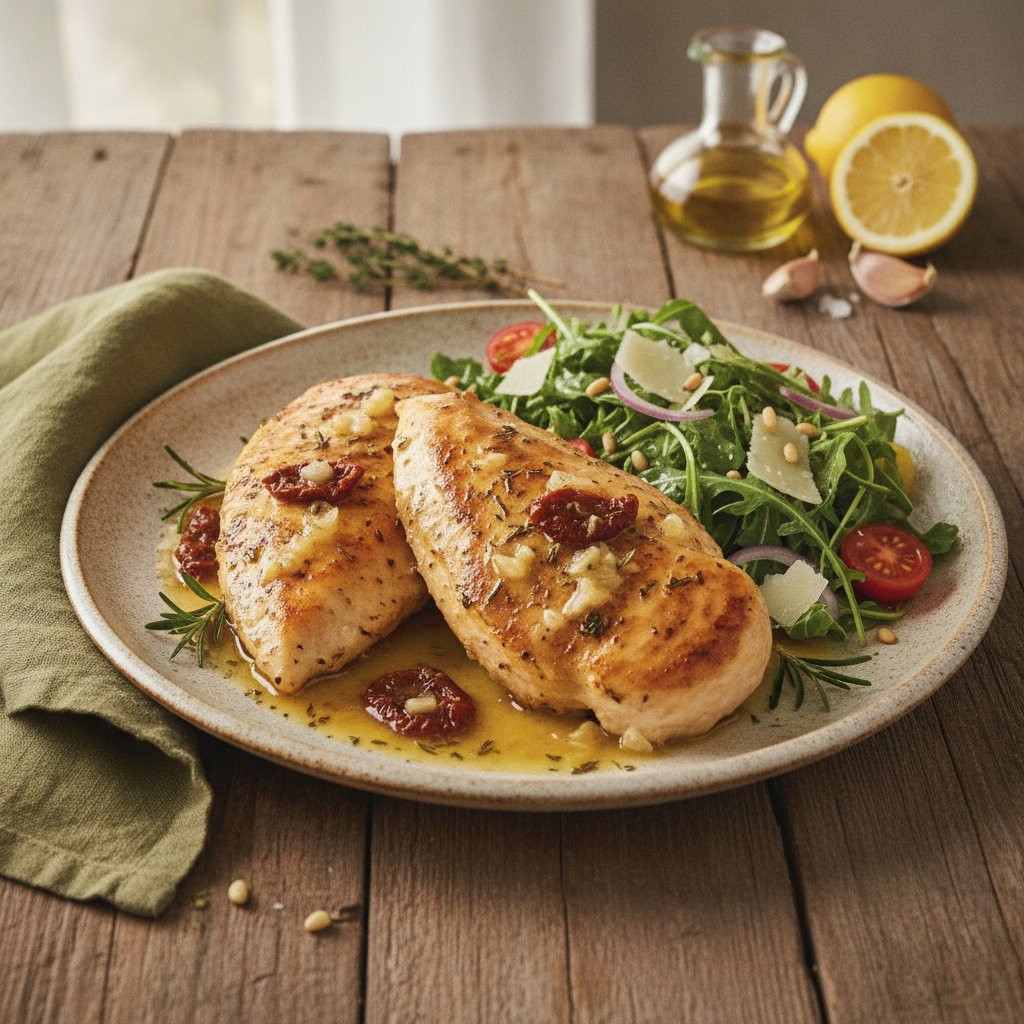 Tuscan Chicken Breasts with Lemon Garlic Butter and Arugula Salad